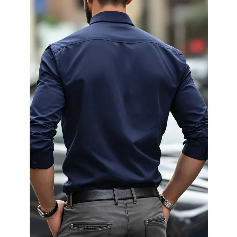 FGKKS Men Casual White Shirt Brand Fashion Solid Color Long Sleeve Elastic Fabric Male Business Dress Shirt
