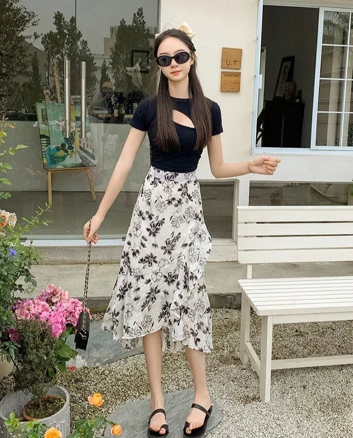 Blue Woman Skirt Floral Midi Ruffle Chiffon A Line Y2k Vintage Chic and Elegant Aesthetic Streetwear 2025 Trend Skirts for Women