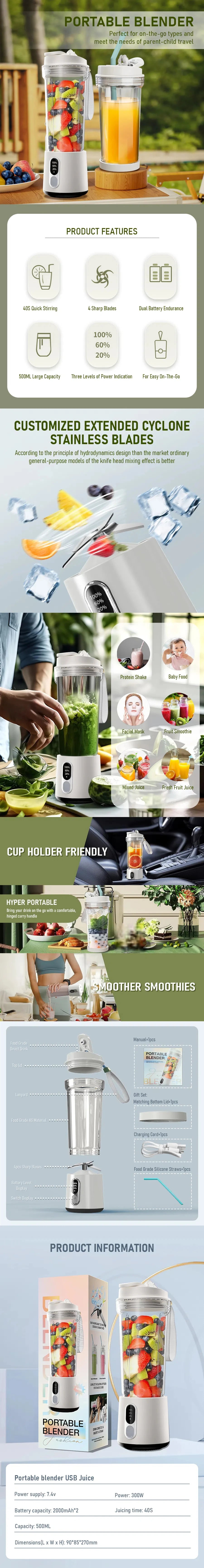New 180W Portable Juicer Dual-use Juice Cup USB 4000mAh Battery Outdoor Fresh Fruit Blender 4 Blade Smoothie Juices Cup Blender