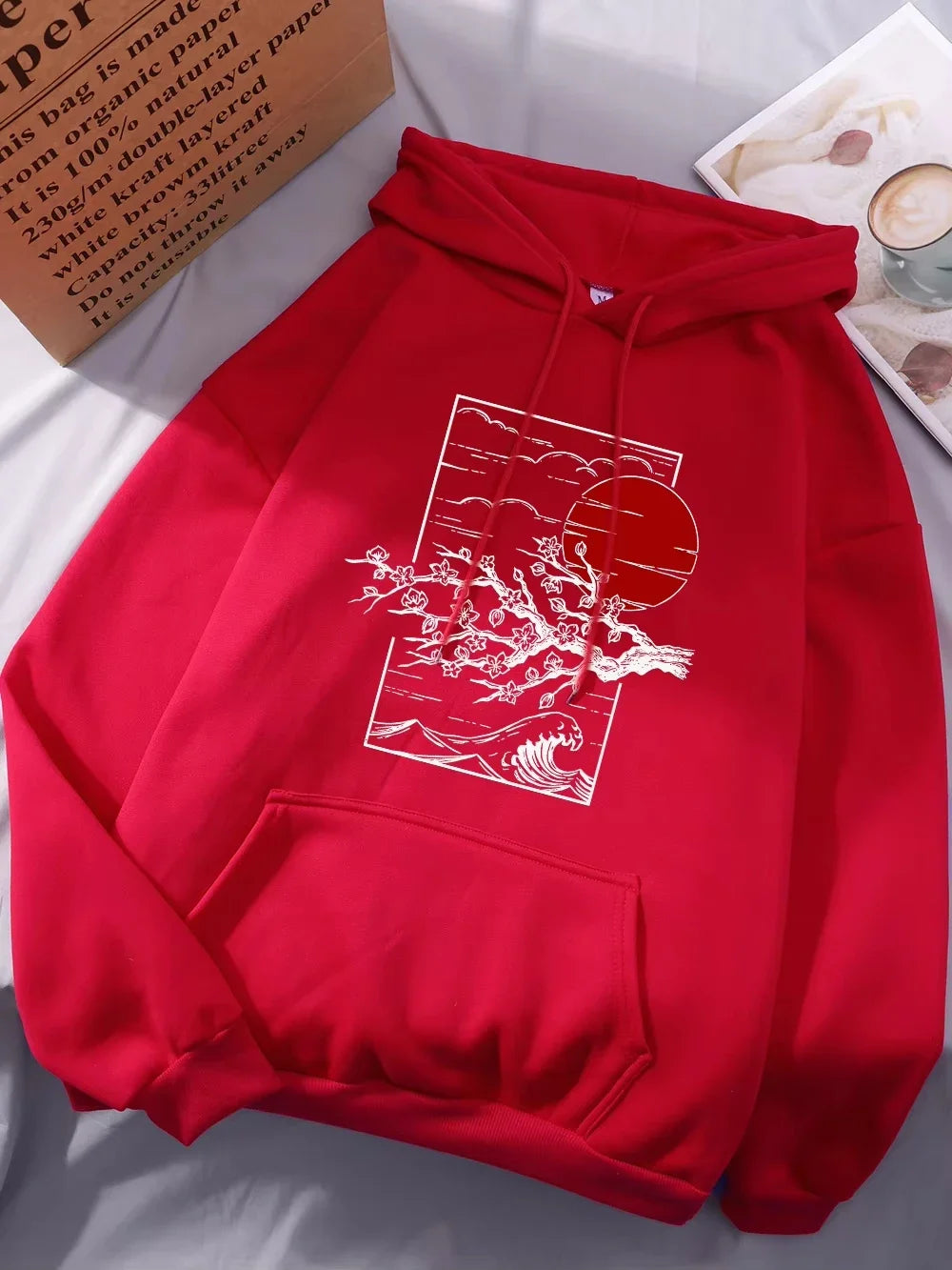 2025 Japanese Cherry Blossom Print Hoodie Women's Winter Warm Casual Street Loose Women's Pocket Hoodie Graphic Women Clothing