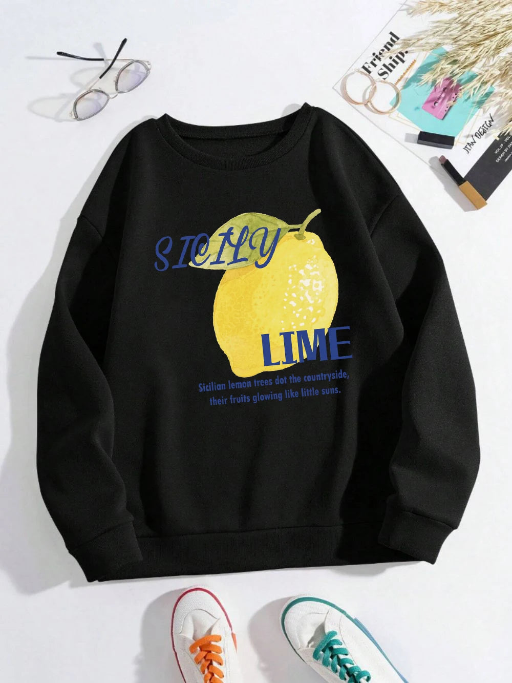 Sicily Lime Lemon Printing Hoodie Womens Casual Pocket Pullover Winter Fleece Warm Sweatshirt Comfortable Loose Womans Clothes