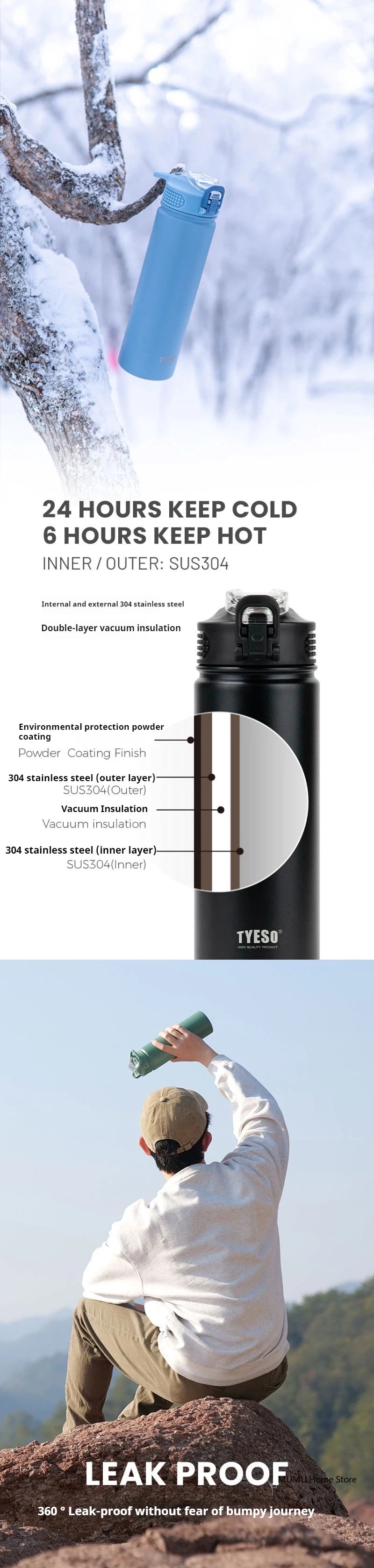 Tyeso 600/750ML Thermos Bottle With Straw Stainless Steel Car Thermal Cup Sports Water Bottles Keeps Cold and Heat Thermal Mug