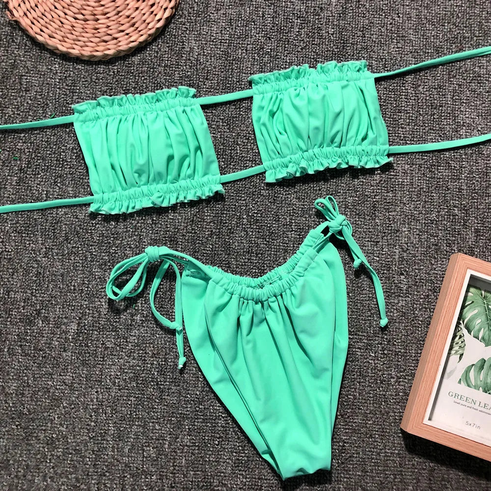 Sexy Bikini 2025 Pleated Bandeau Swimsuit Female Swimwear Women Mini Thong Bikini Set Bather Swimming Beachwear for Bathing Suit