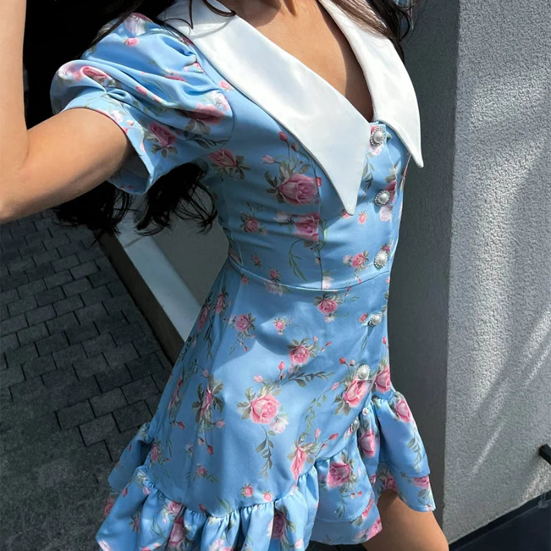 Sweet Floral Printed Ruffle Hem Dress Chic A-line Lapel Puff Sleeve Dresses For Women 2025 Summer Lady Holiday Street Gowns New