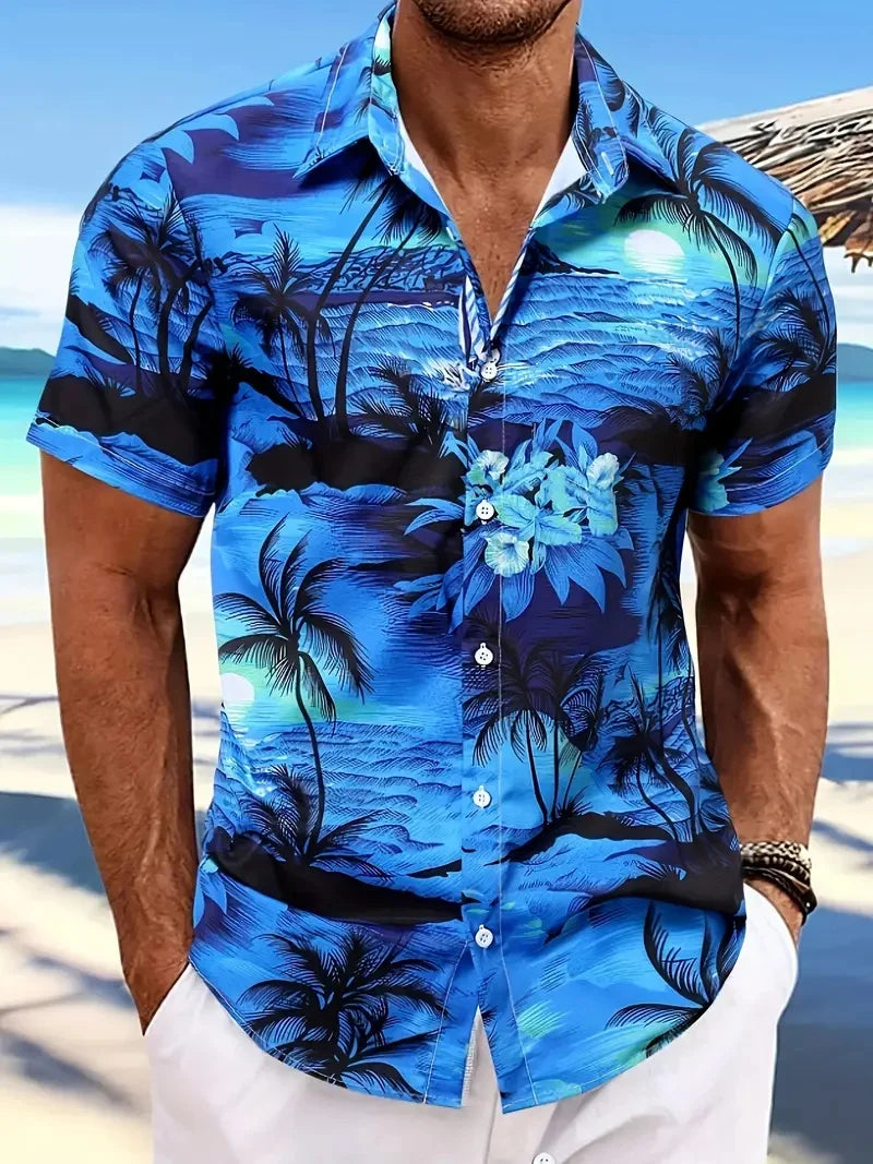 Beach Men's Lapel Shirt Summer Short Sleeve Outdoor Everyday Shirt Tops Landscape Printed Pattern OverSize Loose Men Clothing