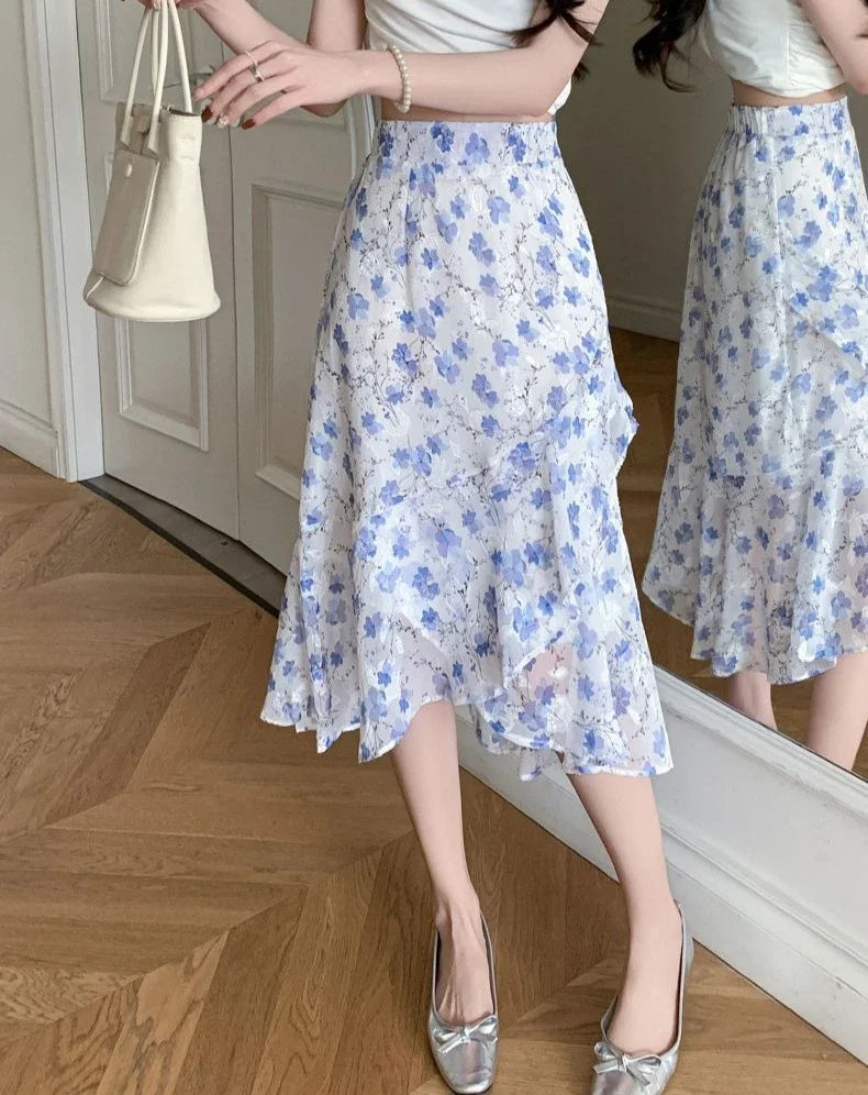 Blue Woman Skirt Floral Midi Ruffle Chiffon A Line Y2k Vintage Chic and Elegant Aesthetic Streetwear 2025 Trend Skirts for Women