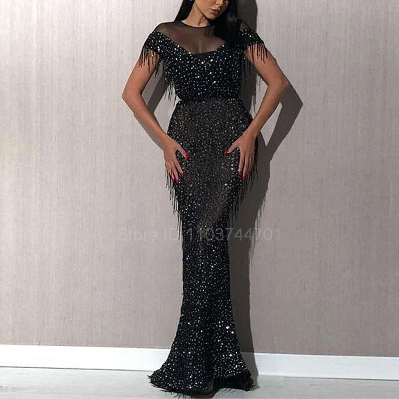 Evening Dress Hot Sale Sleeveless Tassel Evening Dresses V-Neck Leaf Tulle Embroidery Long Party Gown Elegant A-Line Formal Dres