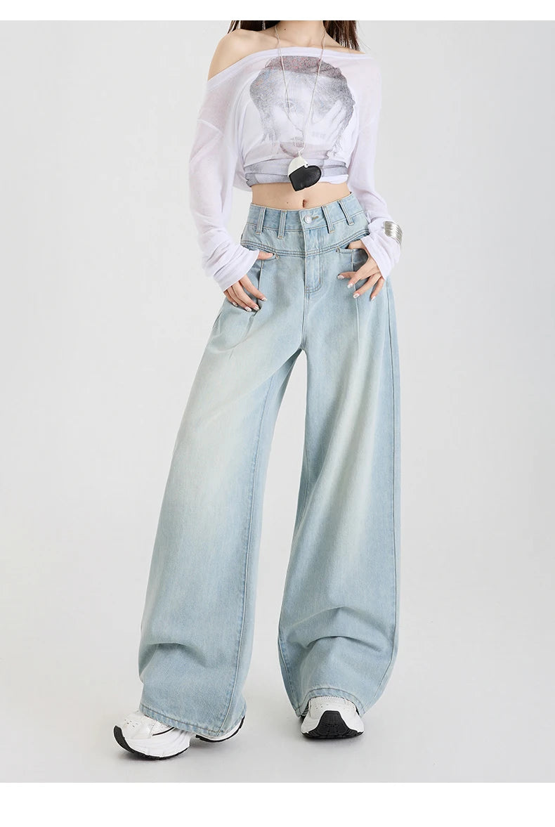 Woman Jeans High Waist Wide Leg Cotton Denim Clothing Design Sense Straight Pant Fashion Comfort White Retro Blue Casual Trouser