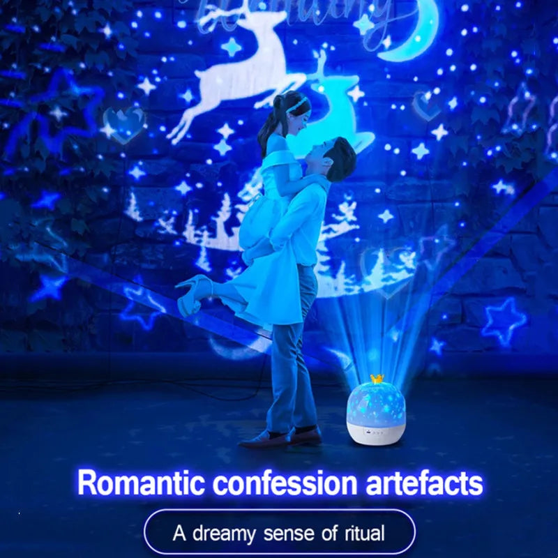 Crown Star Light Projection Rotating Star Bedroom Ceiling Atmosphere Night Lamp Stars Childrens Birthday Gift with Films Sheet