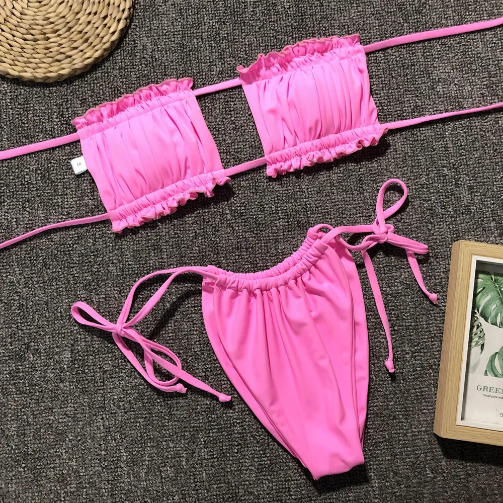 Sexy Bikini 2025 Pleated Bandeau Swimsuit Female Swimwear Women Mini Thong Bikini Set Bather Swimming Beachwear for Bathing Suit