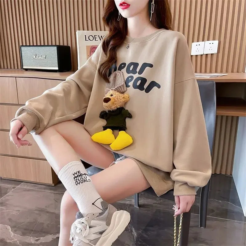Women's Clothing Trendy Funny Cute 3D Cartoon Bear Streetwear Y2K Sweatshirt Korean O Neck Long Sleeve Oversize Pullover Hoodies