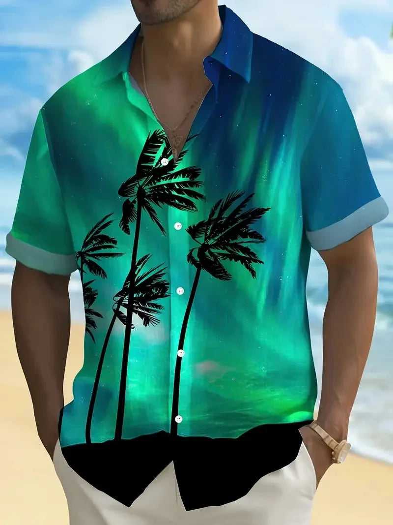 Beach Men's Lapel Shirt Summer Short Sleeve Outdoor Everyday Shirt Tops Landscape Printed Pattern OverSize Loose Men Clothing