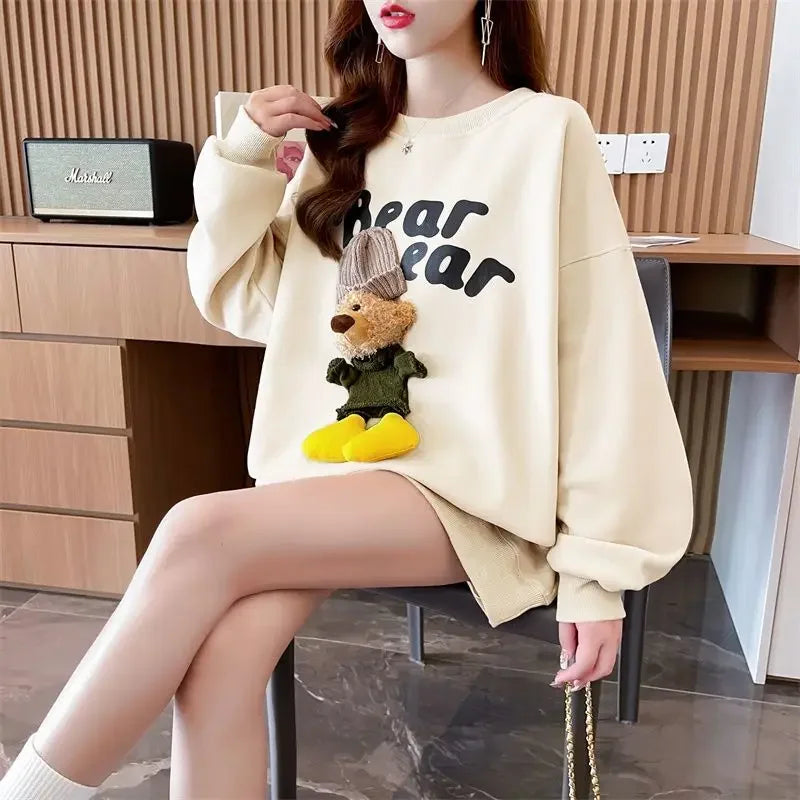 Women's Clothing Trendy Funny Cute 3D Cartoon Bear Streetwear Y2K Sweatshirt Korean O Neck Long Sleeve Oversize Pullover Hoodies