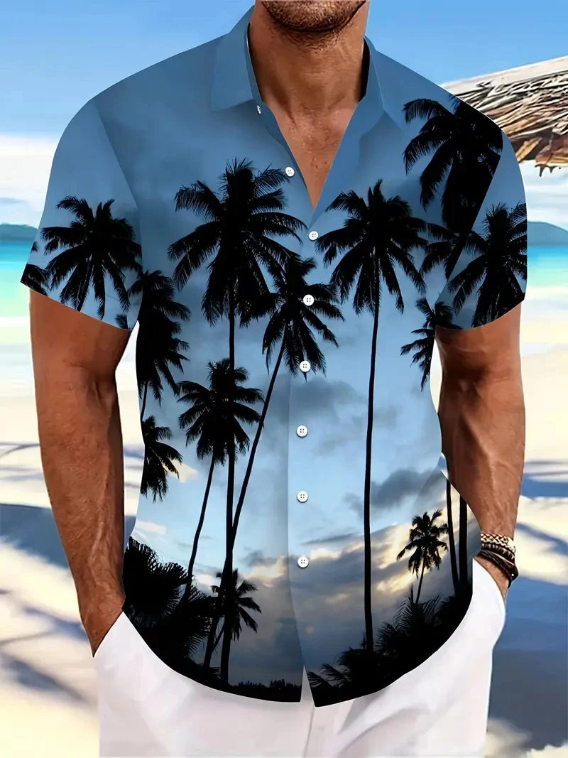 Beach Men's Lapel Shirt Summer Short Sleeve Outdoor Everyday Shirt Tops Landscape Printed Pattern OverSize Loose Men Clothing