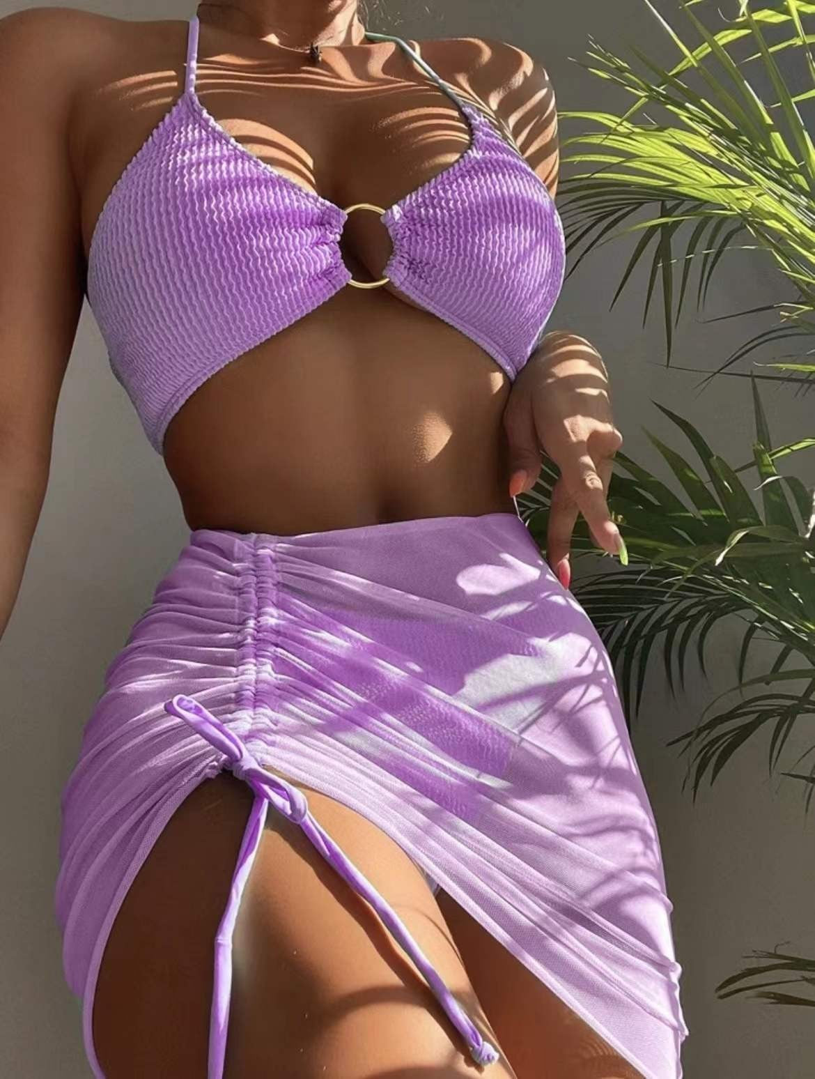 New High Elastic Bikini Set for 2025 Summer Three-piece Solid Color Lace-up Sexy Women Swimsuit Beach Bathing Suit Swimwear