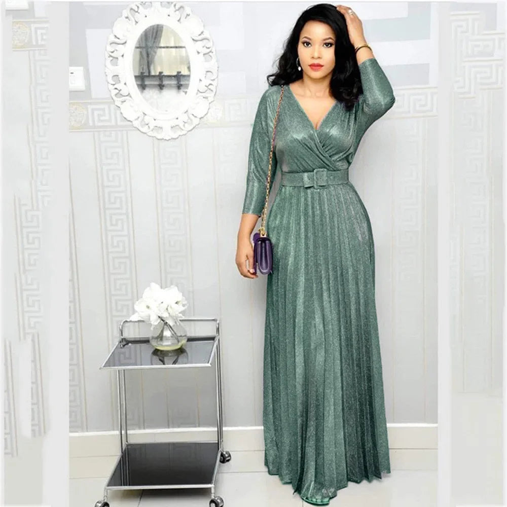 Fashion Elegant Long Sleeve V Neck High Waist Party Cocktail Graduation Pleated Dress Women Sexy Sequins Evening Dress