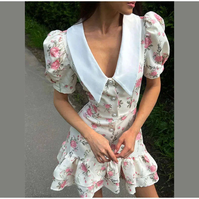 Sweet Floral Printed Ruffle Hem Dress Chic A-line Lapel Puff Sleeve Dresses For Women 2025 Summer Lady Holiday Street Gowns New