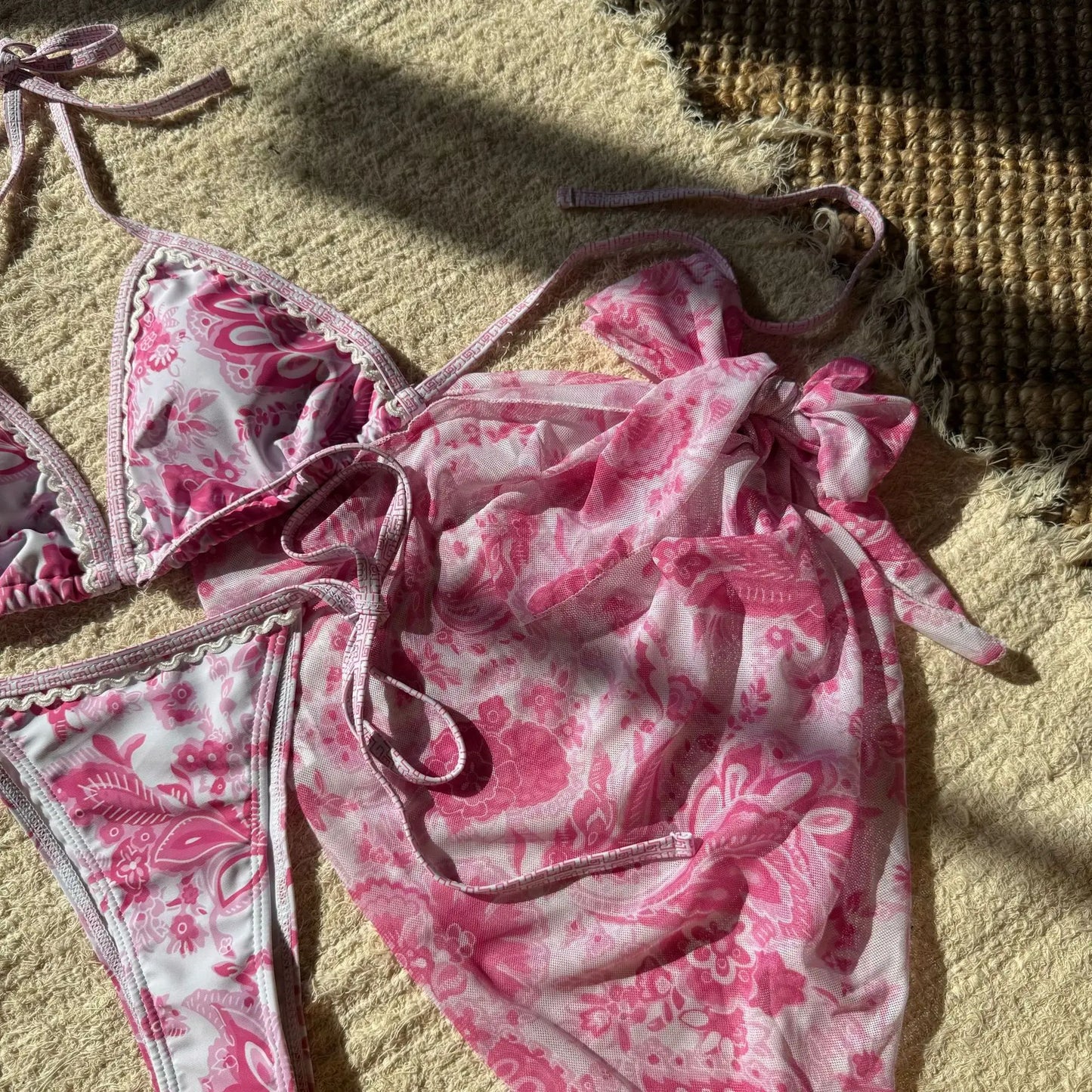 With Sarong Printed Halter Bikini Women Swimwear Female Swimsuit Three-pieces Bikini Set Padded Bather Bathing Suit Swim