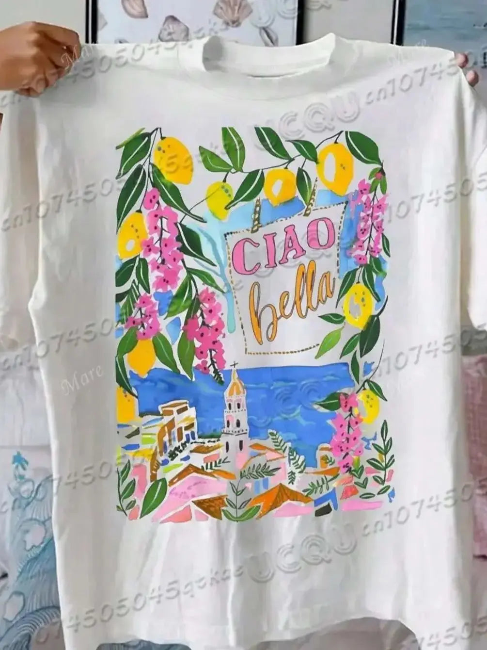 Italian Style Cotton T-Shirt With Fruit&Plant Print Short Sleeved O-Neck Loose&Breathable Casual Vacation Tee Women'S Summer Top