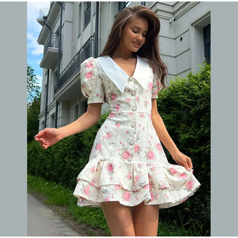 Sweet Floral Printed Ruffle Hem Dress Chic A-line Lapel Puff Sleeve Dresses For Women 2025 Summer Lady Holiday Street Gowns New