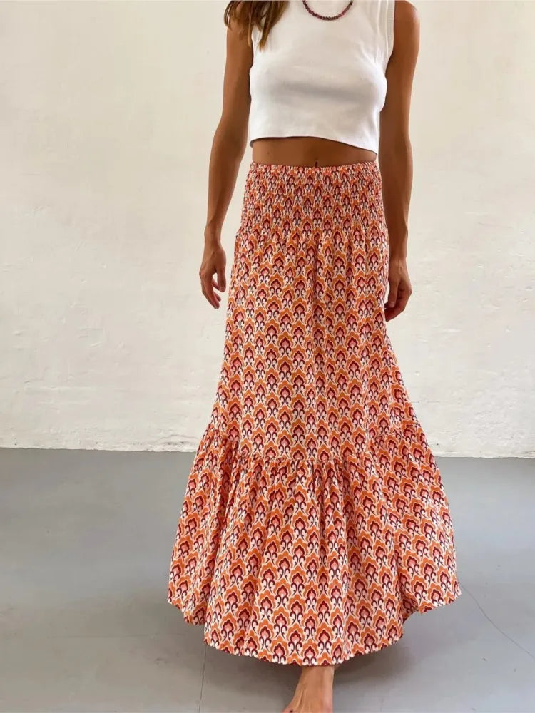 Women's Casual Boho Skirts New Spring Summer Fashion Vintage Loose Elastic Waist Floral Print Ethenic Style Beach Maxi Skirt