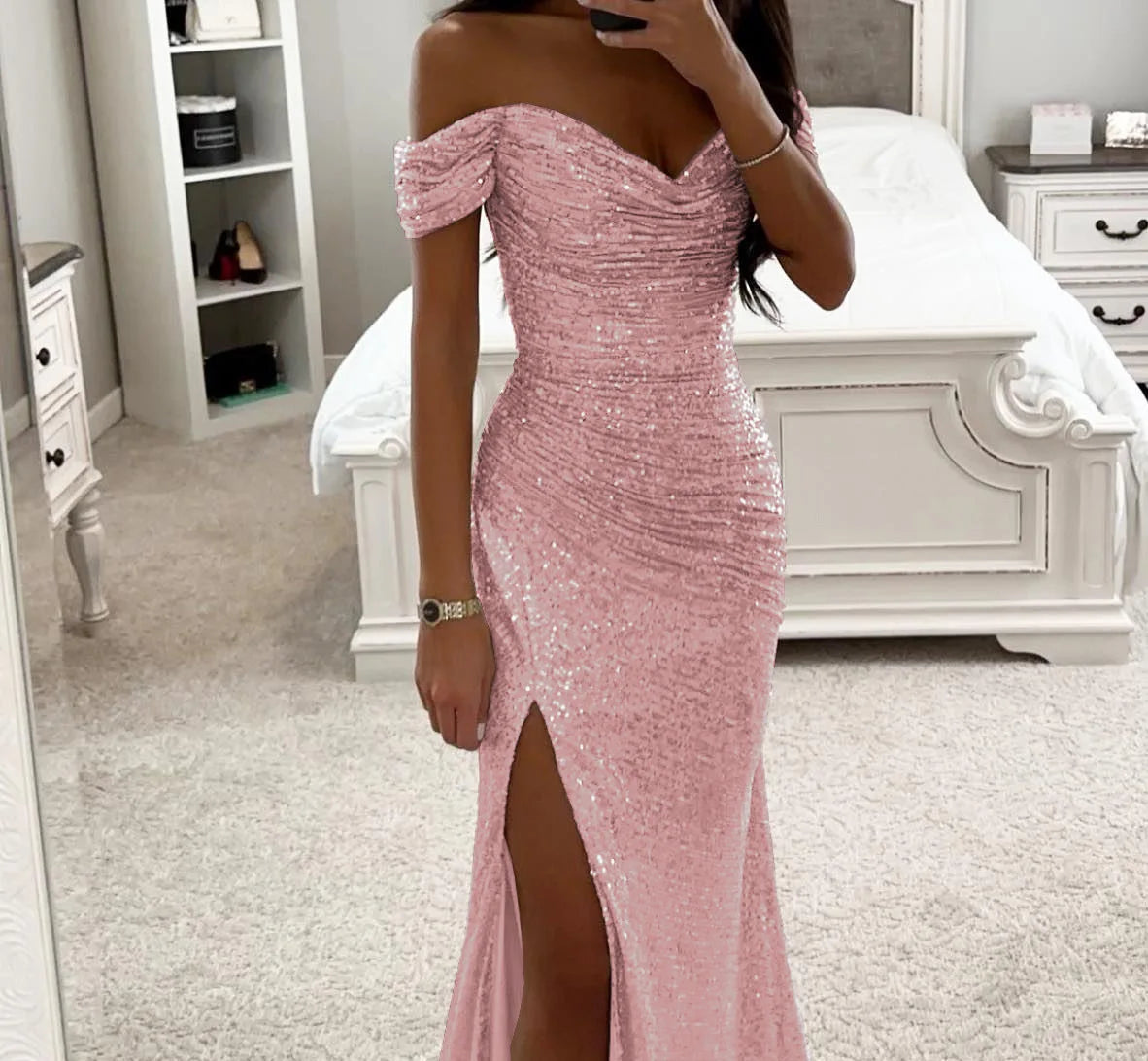 BWQ Women Off Shoulder Prom Dresses Elegant Sequin Solid Evening Party Dresses Ladies Wrap Split Sequined Maxi Formal Dress