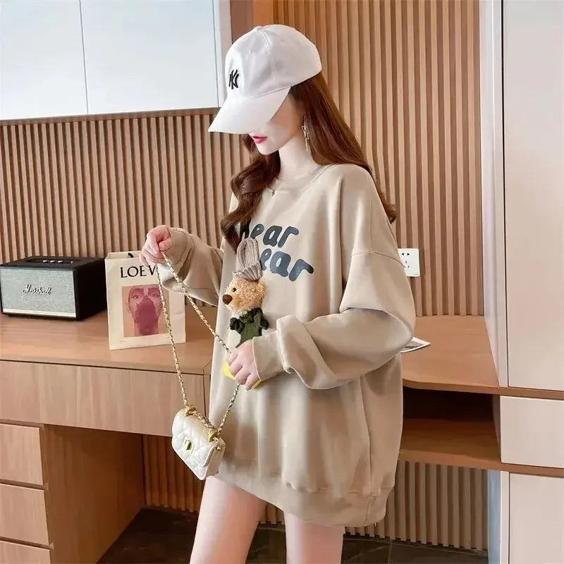 Women's Clothing Trendy Funny Cute 3D Cartoon Bear Streetwear Y2K Sweatshirt Korean O Neck Long Sleeve Oversize Pullover Hoodies
