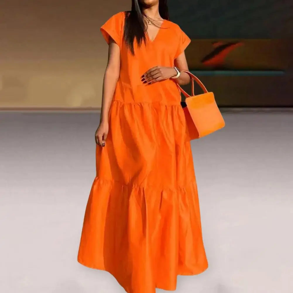 women sundress Loose V-neck Patchwork Short Sleeves Solid Color Beach Dress Summer Women Dress Elegant Large Hem Maxi Dress