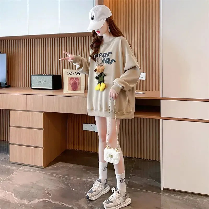 Women's Clothing Trendy Funny Cute 3D Cartoon Bear Streetwear Y2K Sweatshirt Korean O Neck Long Sleeve Oversize Pullover Hoodies