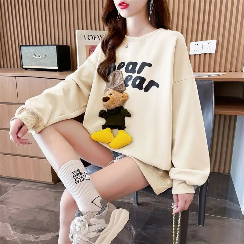 Women's Clothing Trendy Funny Cute 3D Cartoon Bear Streetwear Y2K Sweatshirt Korean O Neck Long Sleeve Oversize Pullover Hoodies