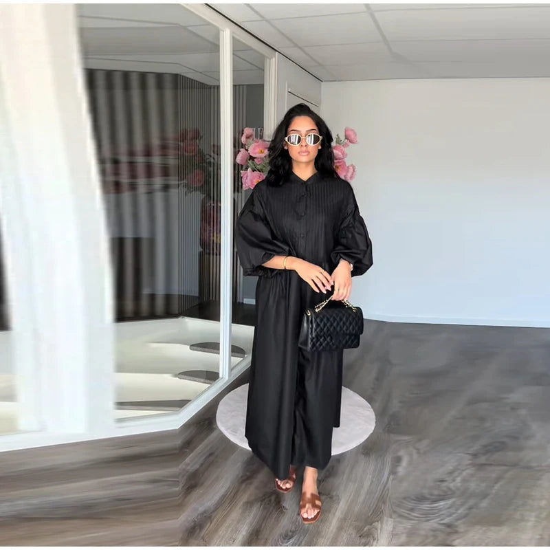 Casual Long Dress Women Loose O Neck Single Breasted Long Sleeves High Waist Robe Female 2025 Summer Fashion Solid Dresses Lady