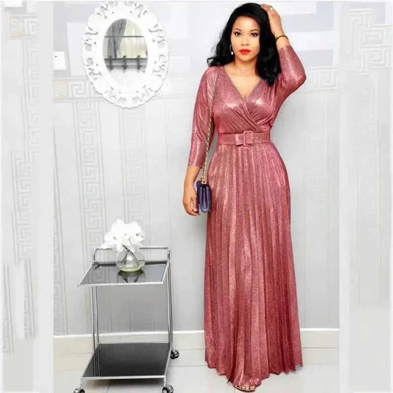 Fashion Elegant Long Sleeve V Neck High Waist Party Cocktail Graduation Pleated Dress Women Sexy Sequins Evening Dress