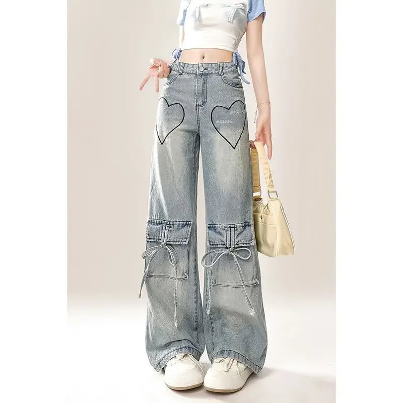 Woman Jeans Cargo Wide Leg Denim Pants for Women Size X Larg on Sale Pant Harajuku Fashion Vibrant 2025 Emo Gyaru Cheap Trousers