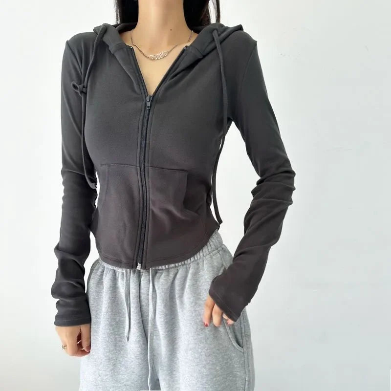 SMVP Streetwear Hooded Pockets Sweatshirt Women Casual Solid Sports Long Sleeve Hoodies Woman Autumn Slim Zipper Cropped Coat