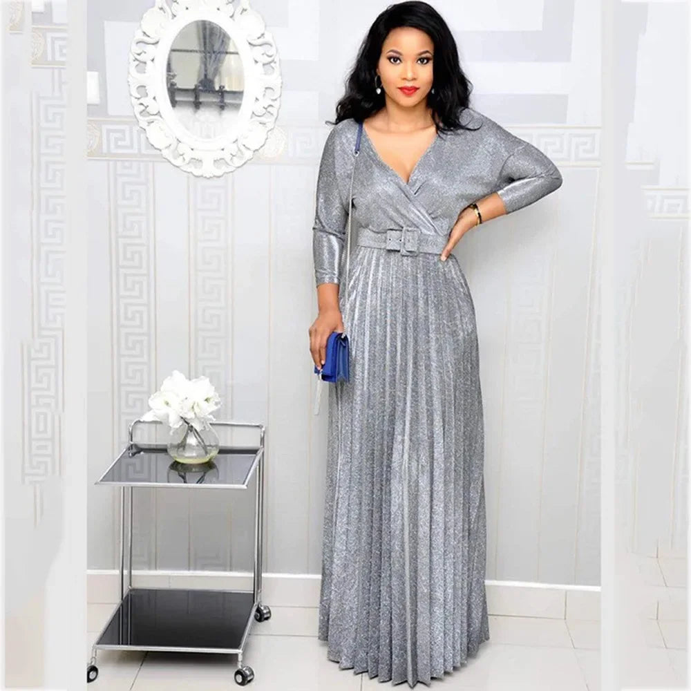 Fashion Elegant Long Sleeve V Neck High Waist Party Cocktail Graduation Pleated Dress Women Sexy Sequins Evening Dress