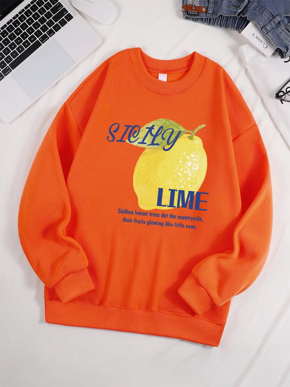 Sicily Lime Lemon Printing Hoodie Womens Casual Pocket Pullover Winter Fleece Warm Sweatshirt Comfortable Loose Womans Clothes