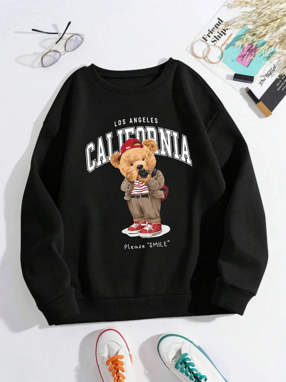 Fashion Womens Pullover Traveling Photographer Bear Printing Hoodie Breathable Loose Crewneck Warm Sweatshirt Winter Clothing