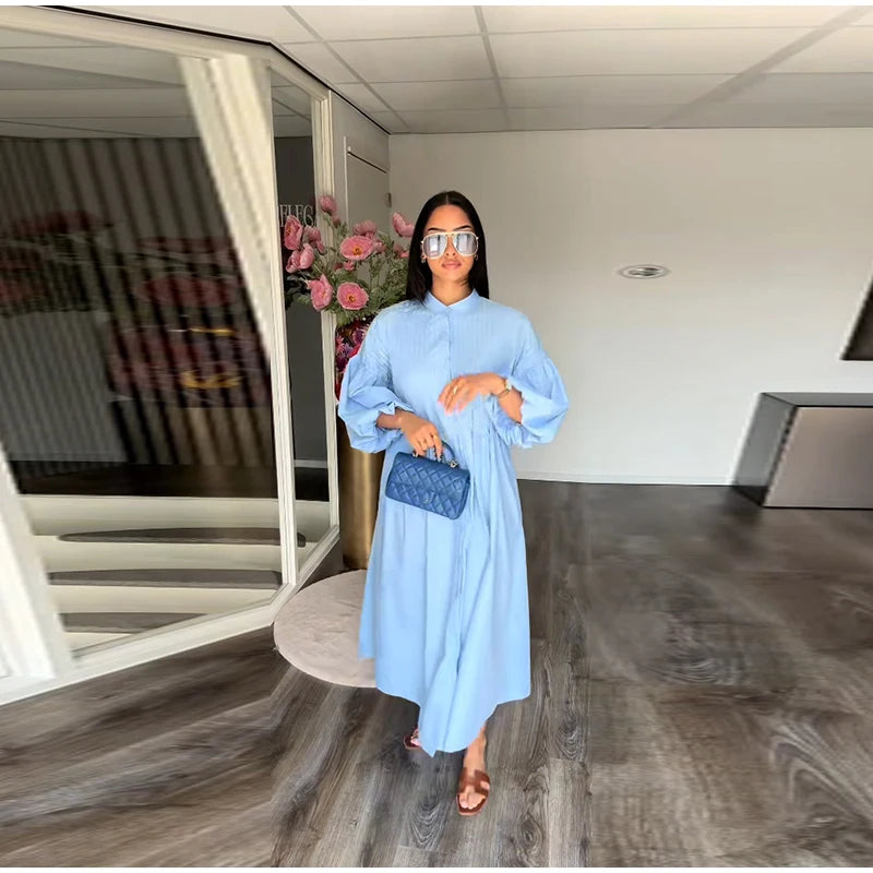 Casual Long Dress Women Loose O Neck Single Breasted Long Sleeves High Waist Robe Female 2025 Summer Fashion Solid Dresses Lady