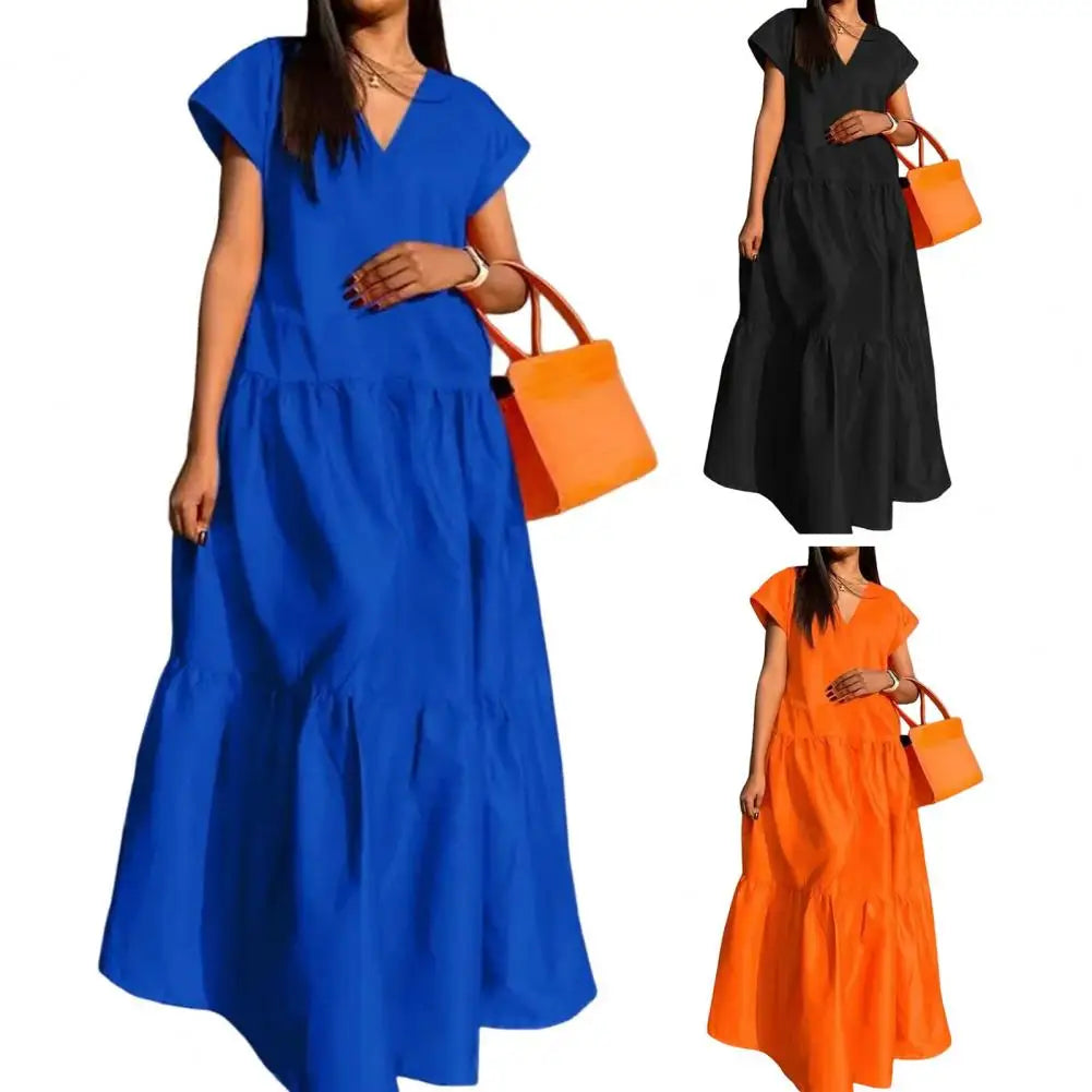 women sundress Loose V-neck Patchwork Short Sleeves Solid Color Beach Dress Summer Women Dress Elegant Large Hem Maxi Dress