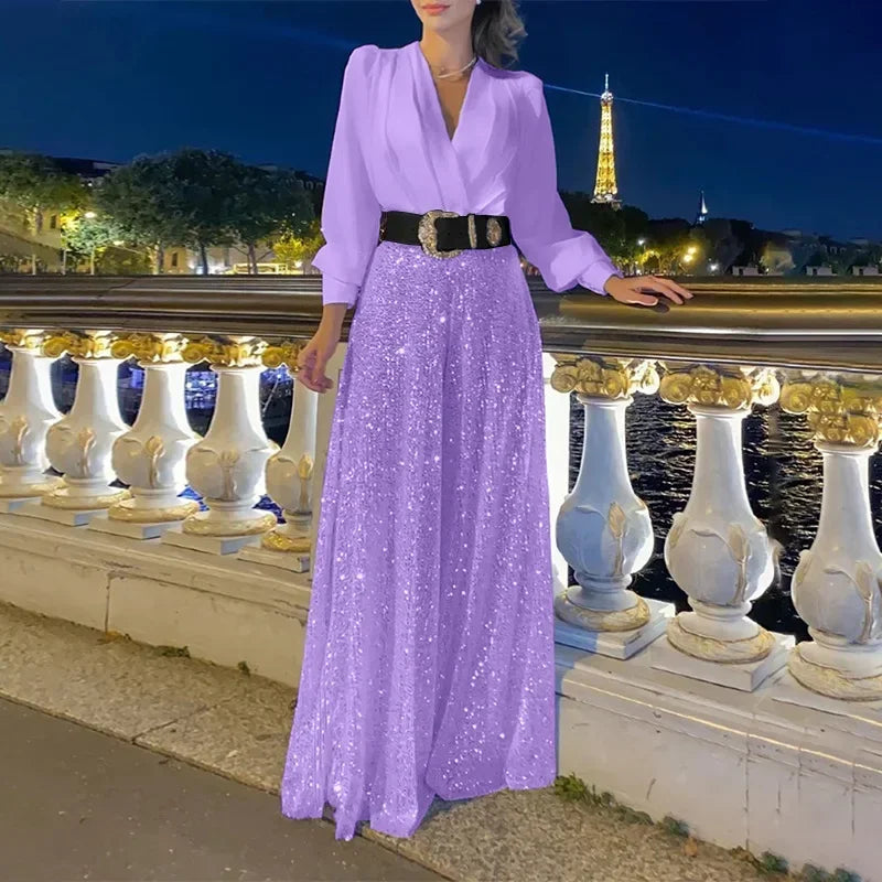 BWQ Splice Sequins Maxi Dresses For Women Fashion Folds Loose V Neck Elegant Dress Femme Party Evening Dresses Luxury 2024
