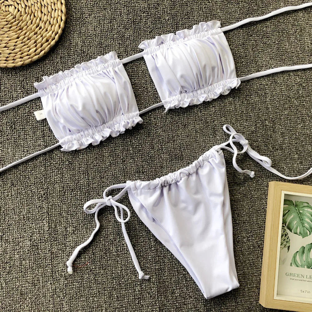 Sexy Bikini 2025 Pleated Bandeau Swimsuit Female Swimwear Women Mini Thong Bikini Set Bather Swimming Beachwear for Bathing Suit