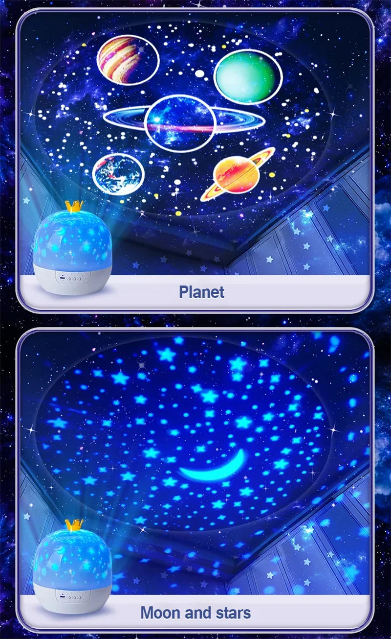 Crown Star Light Projection Rotating Star Bedroom Ceiling Atmosphere Night Lamp Stars Childrens Birthday Gift with Films Sheet