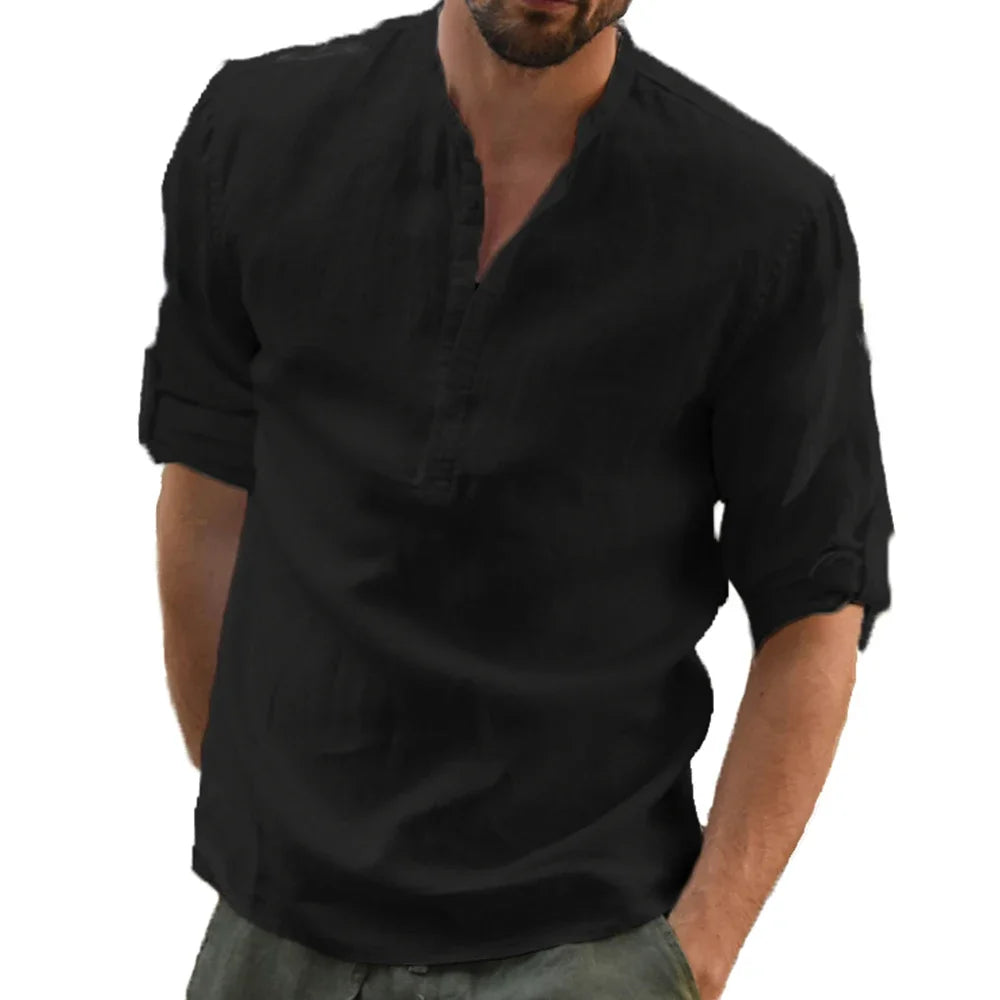 Cotton Linen Hot Sale Men's Long-Sleeved Shirts Summer Solid Color Stand-Up Collar Casual Beach Style Plus Size Linen Man Tops