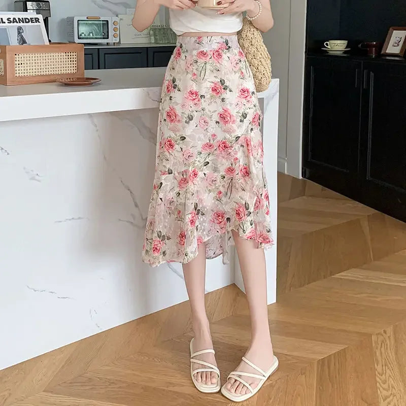 Blue Woman Skirt Floral Midi Ruffle Chiffon A Line Y2k Vintage Chic and Elegant Aesthetic Streetwear 2025 Trend Skirts for Women