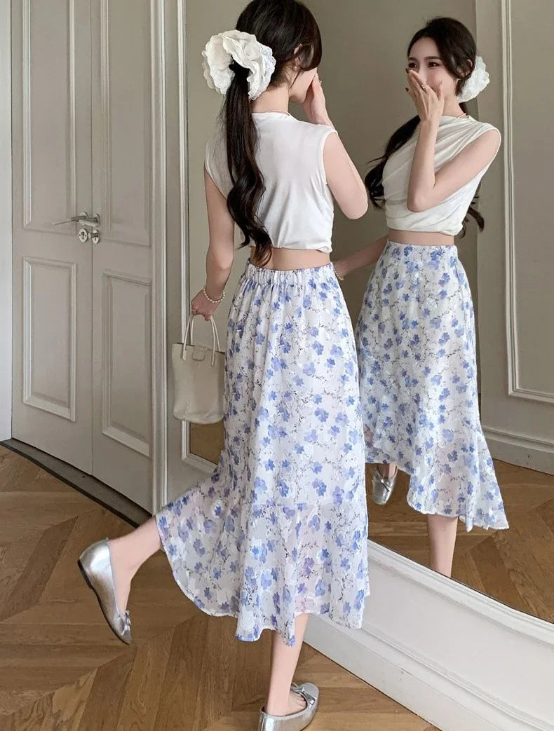 Blue Woman Skirt Floral Midi Ruffle Chiffon A Line Y2k Vintage Chic and Elegant Aesthetic Streetwear 2025 Trend Skirts for Women