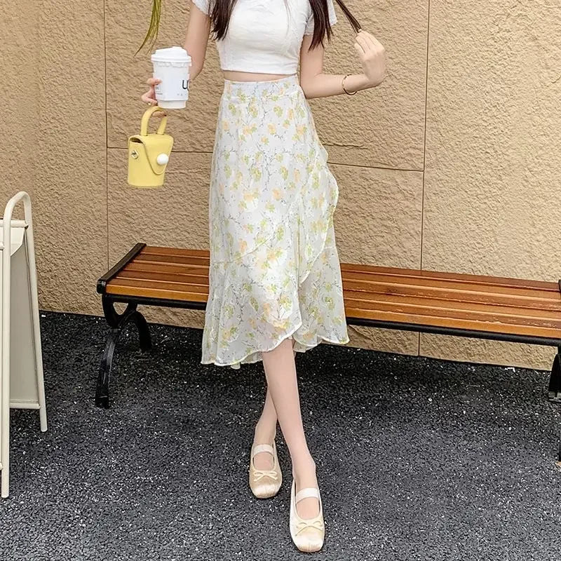 Blue Woman Skirt Floral Midi Ruffle Chiffon A Line Y2k Vintage Chic and Elegant Aesthetic Streetwear 2025 Trend Skirts for Women