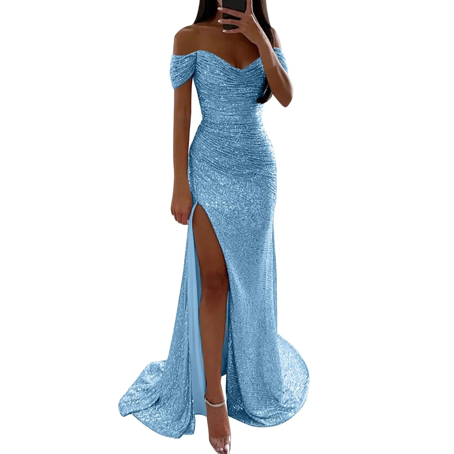 BWQ Women Off Shoulder Prom Dresses Elegant Sequin Solid Evening Party Dresses Ladies Wrap Split Sequined Maxi Formal Dress