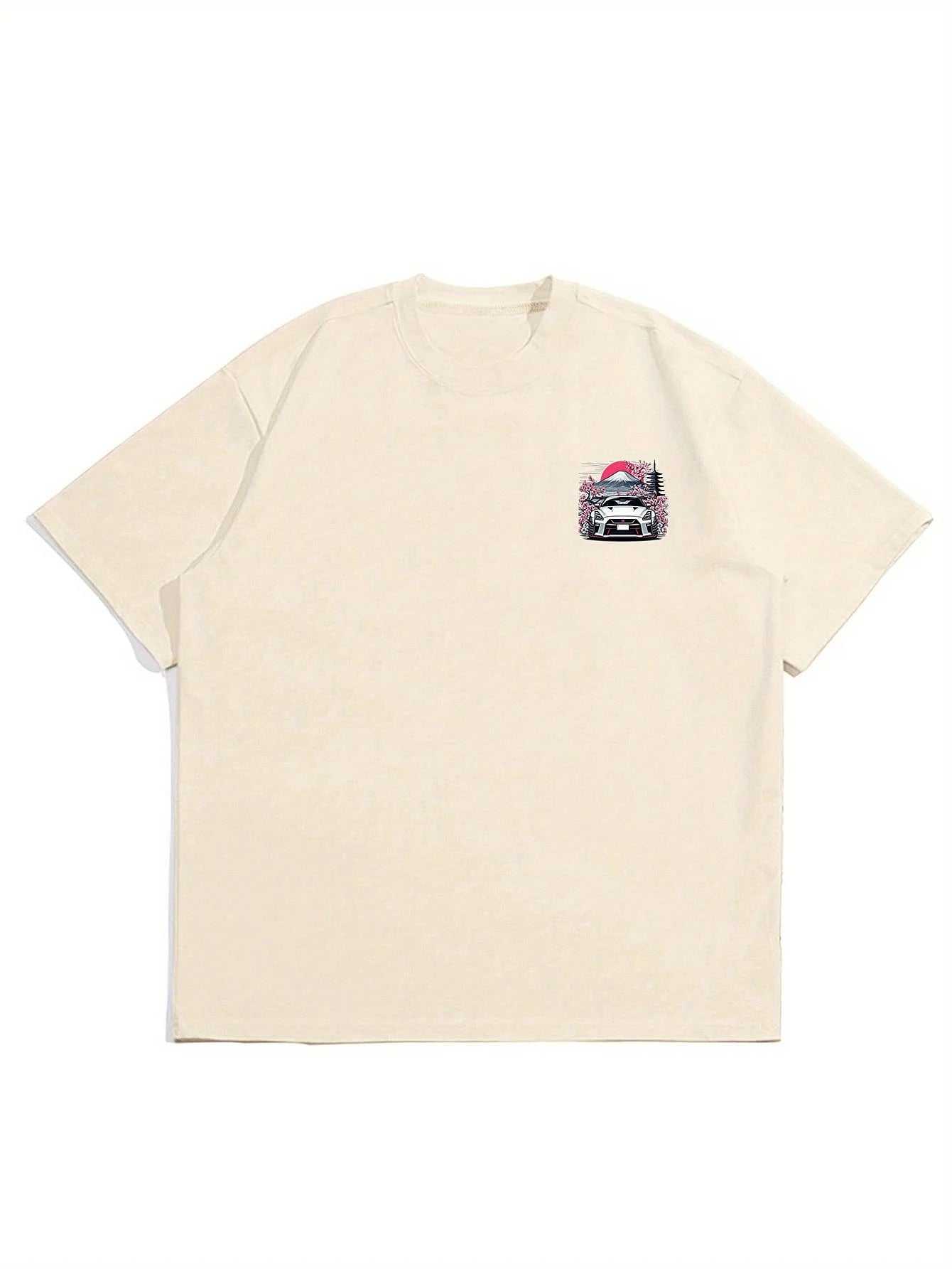 Sakura Car Print T-shirt Men's Summer Sweat-absorbing Breathable Comfortable Top Outdoor Short-sleeved Trendy Men's Clothing