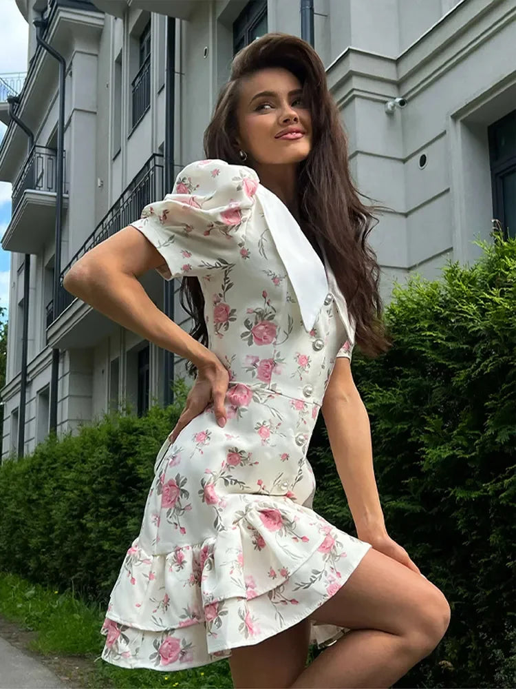 Sweet Floral Printed Ruffle Hem Dress Chic A-line Lapel Puff Sleeve Dresses For Women 2025 Summer Lady Holiday Street Gowns New