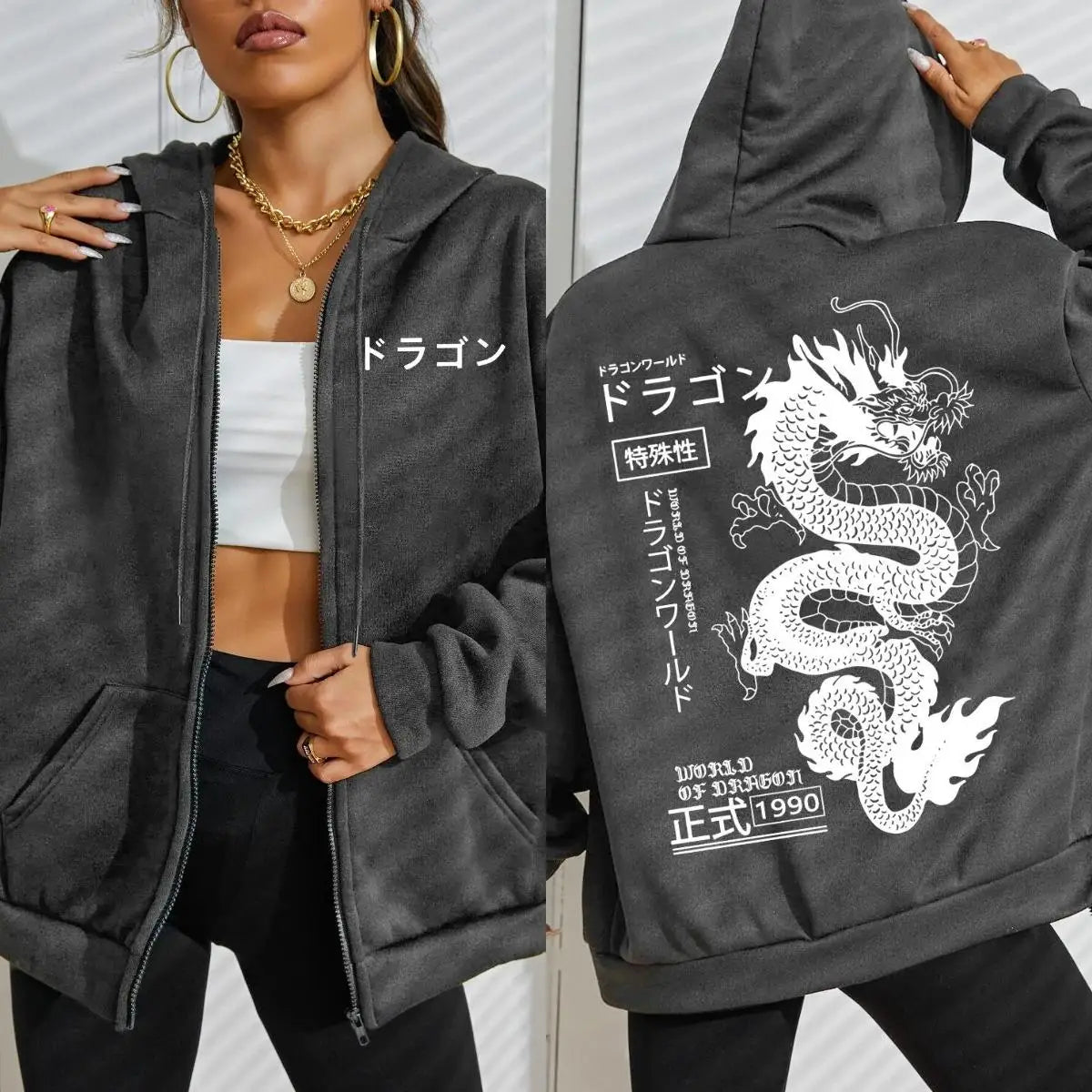 World Of Dragon Special 1990 Pattern Women Zipper Hoodie Trendy Fleece Hoody Casual Autumn Sportswear Retro Loose Streetwear